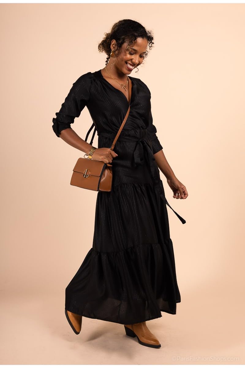 MULTIPLES Robe Longue Cache-cœur satinée Fluide Noir, Grande Taille Disponible, Fabriqué en France