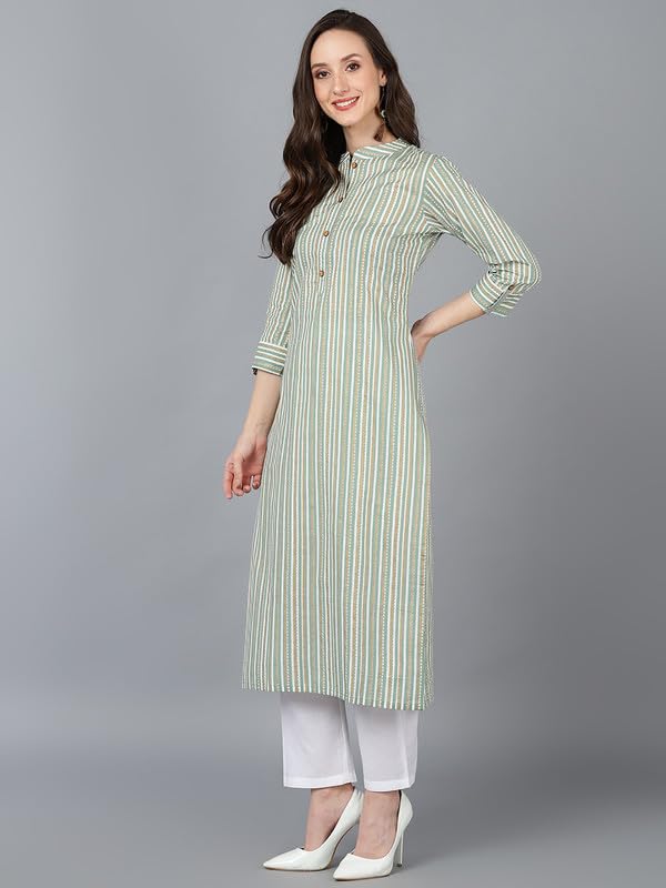 Image of Vaamsi Women's Cotton Striped Printed Kurta (VCK8769 Green)