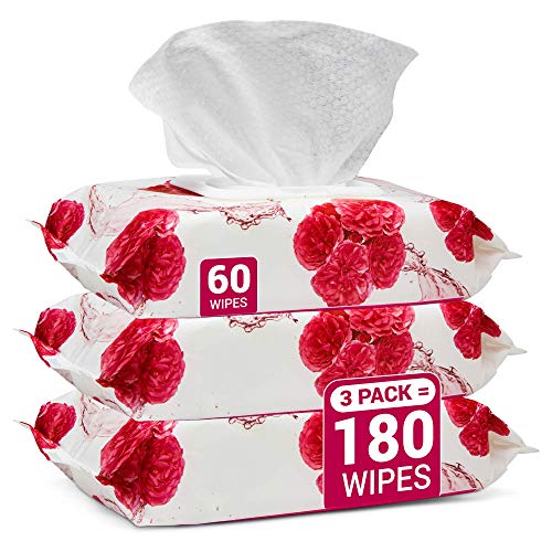 Herb & Luxe Face Wipes, Flip-Top Makeup Remover Facial Cleansing Wipes with Aloe Vera for Sensitive, Oily, dry Skin, Face/Hands/Body, Women/Men, 60 Count, Rose (Pack of 3 = 180 Wipes)
