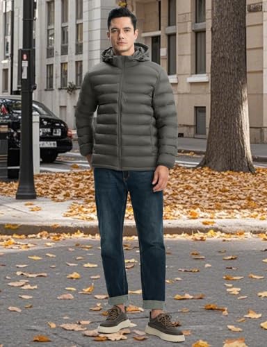 Image of TBMPOY Men's Lightweight Puffer Jackets Detachable Hood Water-Resistant Casual Winter Coat Hooded Insulated for Travel Ski