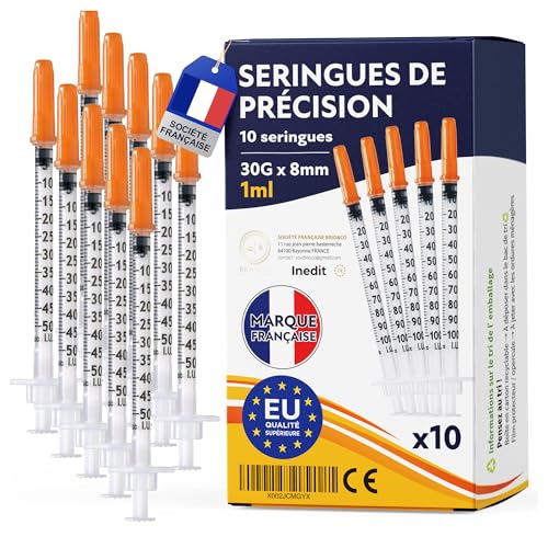 Lot de 10 Seringues de Précision 1 ml Avec Embout Fin 30g x8mm [Société Française] Outils de Dosage pour Liquides et Laboratoire Emballage Individuel - Produit non...