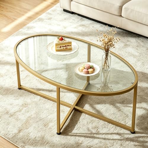 Wolawu Coffee Table Gold Oval Glass Coffee Tables for Living Room Modern Gold Metal Frame Tea Tables for Small Space Tempered Glass Top Center Table with Stable Cross Base for Bedroom Office Balcony