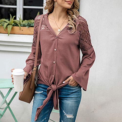 Eastdall Nó Frontal,Camisa feminina de malha cardigã waffle oco com gravata nó manga larga com decot