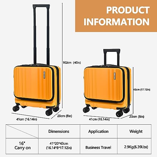Image of Kaleenie 16 inch Carry on Luggage with 2 Laptop Compartments, ABS+PC Suitcase with Dual Control TSA Lock, YKK Zipper, Silent Wheels, for Business Travel, Orange