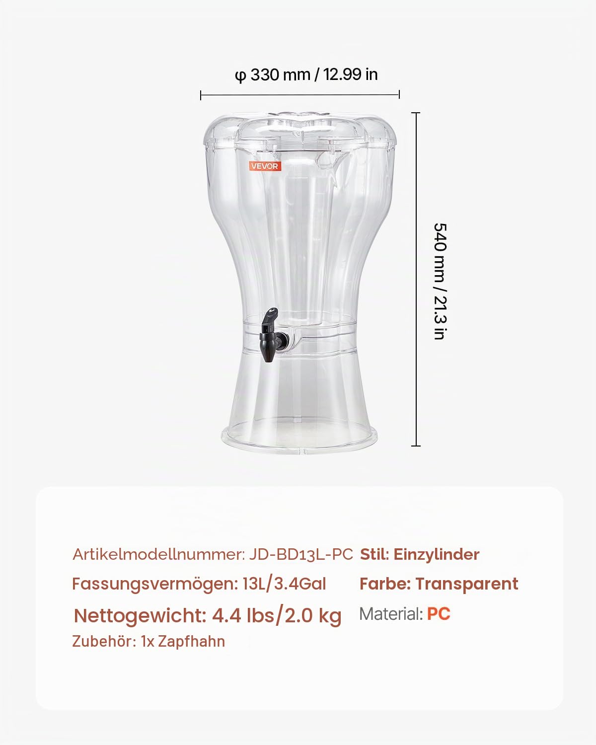 VEVOR Getränkespender (13 L) für Partys, Saftspender aus Kunststoff mit tropfsicherem Zapfhahn Wasserspender für Restaurants Hotels Partys, Limonade Eistee selbstgemachte Getränke Spender
