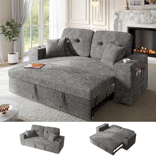 63 Inch Sleeper Sofa Bed, 4 in 1 Pull Out Couch Bed with Adjustable Backrest, Small Loveseat with Wide Armrest | USB Charging | Side Pockets | Cup Holders | Tool Free Assembly, Grey Chenille - Thumbnail 2
