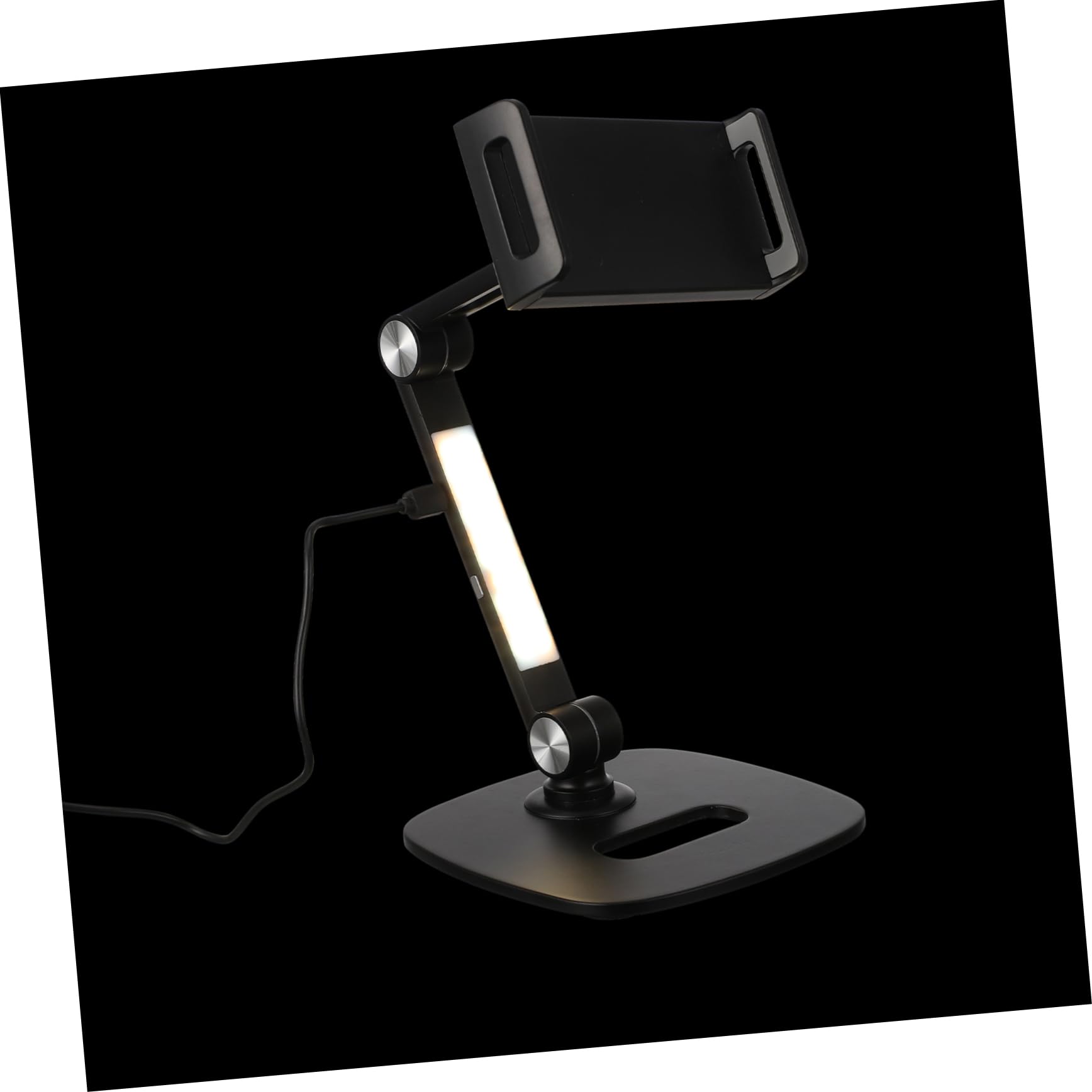 Housoutil Supporto Tablet in Alluminio Nero Regolabile Rotazione 360° | Base da Tavolo Testa Sferica e Doppio Asse, Struttura Pieghevole, LED Incluso