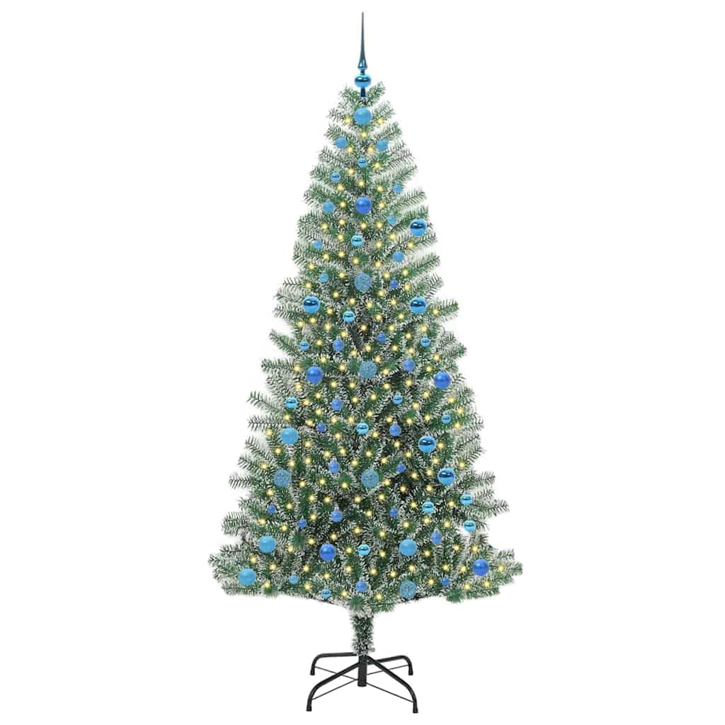 Sztuczna choinka śnieżna, 210 cm, z 300 diodami LED o ciepłej białej barwie światła, czubki PE, bombki choinkowe, do użytku wewnątrz i na zewnątrz, nowoczesne wzornictwo