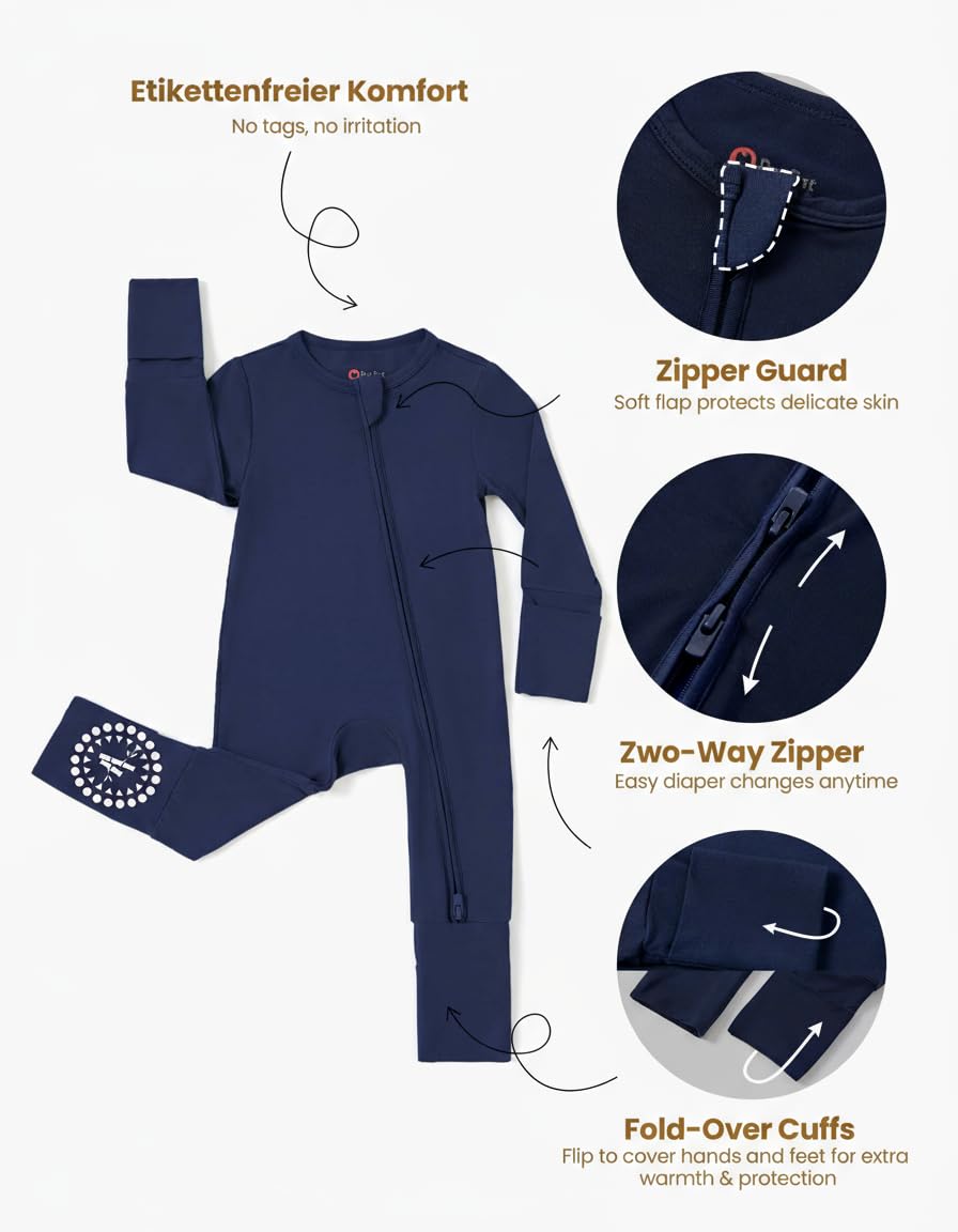 PatPat Lot de 3 barboteuses pour bébé garçon de 0 à 24 mois Ensemble pyjama en viscose de bambou avec chauffe-pieds Vert olive Gris ou Bleu marine Blanc Gris foncé