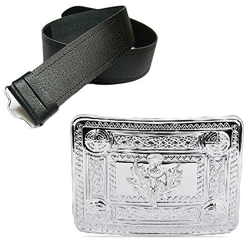 The Scotland Kilt Company Men's Leather Grained Kilt Belt in Black & Chrome Celtic Thistle Buckle - Large 36-46