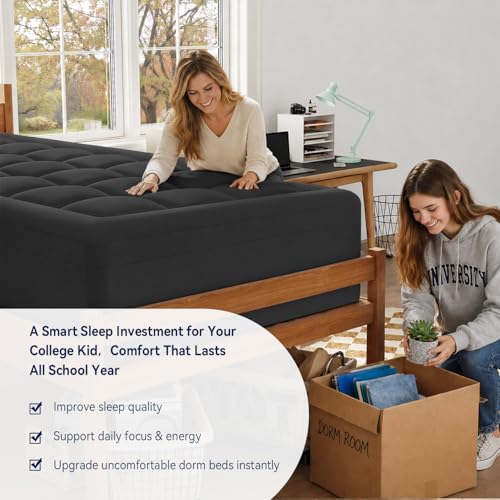 Image of ELEMUSE Twin XL Dorm Dual Layer 3 Inch Memory Foam Mattress Topper for College, Dorm Room Essentials, 2 Inch Cooling Gel Foam and 1 Inch Soft Pillow Top Bed Pad,Back to School,Black