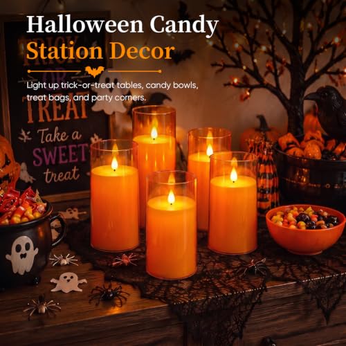 Image of Homemory Halloween Orange Flameless Candles, Acrylic, Remote Timer, 9 Pack | Flameless LED pillar candles, battery operated candles, remote timer, Halloween candles, fall decor, harvest, party decor