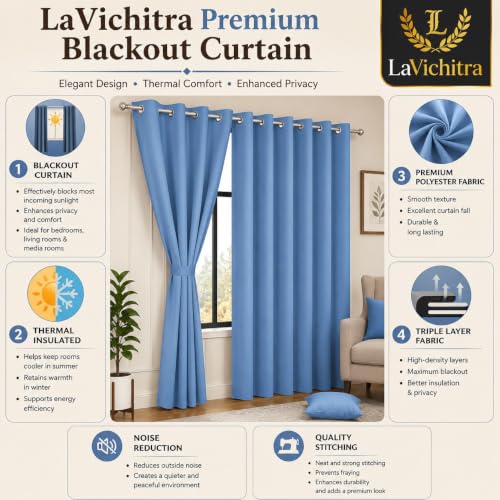 Image of LaVichitra 2 Pieces Solid Premium Blackout Curtains - Thermal Insulated, 3 Layered, 100% Opaque Window - 4 feet, Light Blue