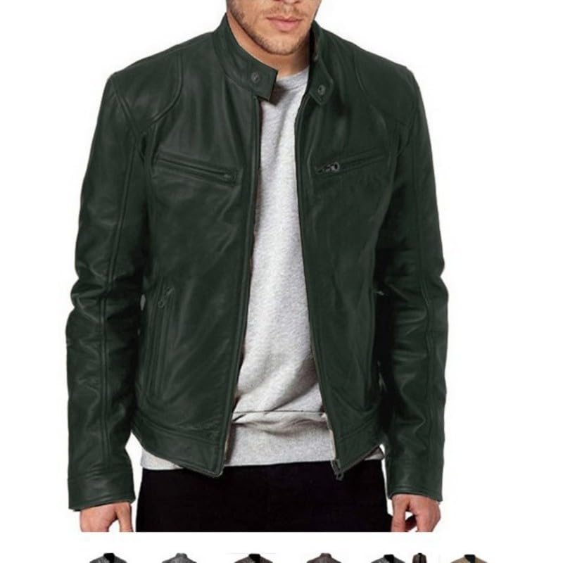 Veste rétro en cuir vert foncé homme coupe motard col montant S