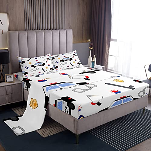 Feelyou Police Car Bed Sheet Set Policeman Vehicle Bedding Set Automobile White Fitted Sheet Cartoon Car Pattern Flat Sheet for Kids Boys Girls Adults 4Pcs with 2 Pillow Case Queen Size