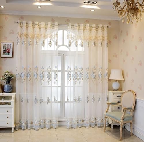 ANAZOZ Cortina con Ojales,2 x 137W x 229H CM,Dos Piezas Cortinas Translucidas Terraza Patrón de Bordado de Encaje Cortinas Comedor Blanco Azul y Marrón