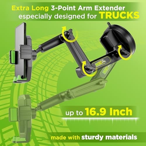 Image of Cell Phone Mount for Truck Phone Holder for Truck Drivers - Heavy Duty Suction Cup, iPhone Holder for Dashboard Window 16.9 inch Long, for iPhone & Samsung, Semi Trucker, Green