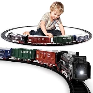 deAO Christmas Train Set Toys for Kids, Toy Train Track Locomotive Engine Battery Powered Railway Kits with Road Signs and Tracks Birthday Gifts for Age 3 4 5 6 7