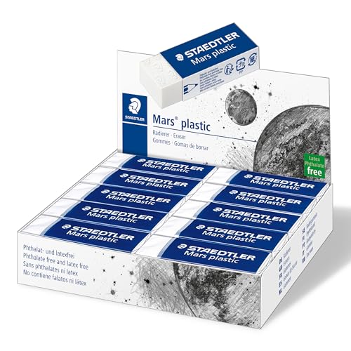 Staedtler Mars Plastic, Gommes plastiques blanches de très haute qualité, Sans phtalates ni latex, Boîte en carton avec 20 gommes de taille standard, 526 50...
