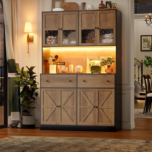 FINETONES 71" Pantry Cabinet with LED Light and Charging Station, Farmhouse Kitchen Pantry Cabinet with Microwave Stand, 47.2" Wide Kitchen Hutch Food Pantry with Open Countertop, Black/Brown