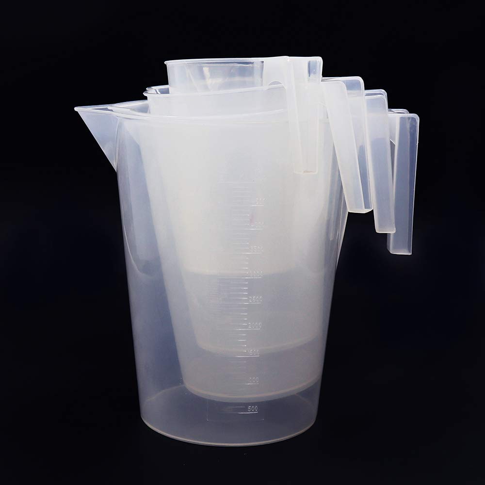LVB009 - Juego de vasos medidores, 4 tamaños, 1000 ml, 2000 ml, 3000 ml, 5000 ml, material PP con graduación moldeada, LVB009