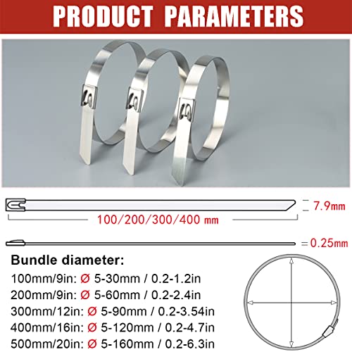 Metal Zip Ties 0.3 * 4" (7.9 x 100mm), MgcTolBox Stainless Steel Cable Ties, Silver Zip Ties Heavy Duty - Image 2