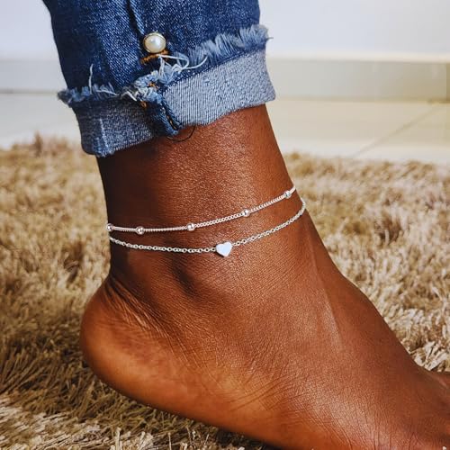 Image of Ritach Ankle Bracelets for Women - Silver /Gold Plated Stainless Steel Anklets for Women Waterproof Layered Cuban Link Figaro Chain Heart Anklets Set Summer Beach Jewelry Gifts