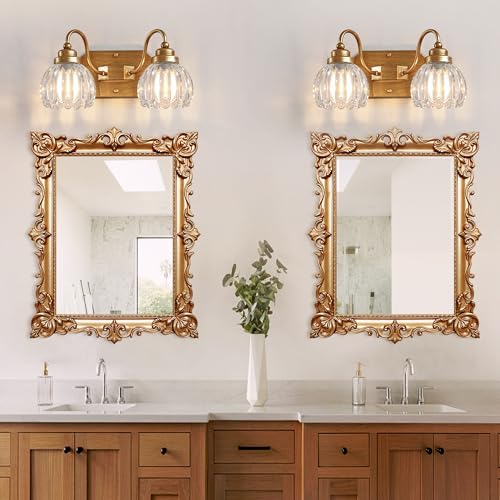 Image of Vintage Gold Bathroom Light Fixtures,2 Light Tulip Crystal | Brushed Gold Vanity Lights,Matte Antique Brass Finish, Mid Century Style,Wall Sconces for Bedroom, Hallway, Easy To Install