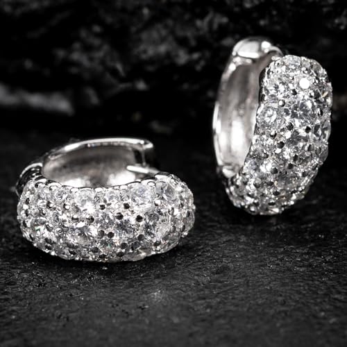 White Gold Plated 925 Sterling Silver Hoop Earrings Flower Set 3d Fully Iced Cubic Zirconia CZ 12mm Unisex Ice Out Huggie Small Sparkle Silver Hoop Earrings Fine Jewelry Birthday Gifts for Men,Women4