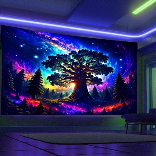 Arsey Tapisserie murale à lumière noire Forêt Trippy Tapisserie murale réactive aux UV Haut Arbre Étoiles Galaxie Serviette murale esthétique Décoration...