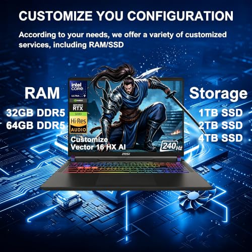 Image of Delca Customized Laptop Made with MSI Vector 16 HX AI Gaming Laptop | 16 inch WQXGA IPS 240Hz | Intel 24-core Ultra 9 275HX | 32GB /64GB DDR5 1TB /2TB /4TB SSD | GeForce RTX 5080 16GB | RGB Backlit Win 11