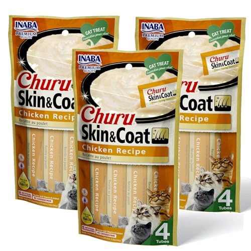 INABA Churu for Skin and Coat Lickable Pure Natural Cat Treats with Omega Oils Taurine and Green Tea 0.5 Ounces Each - Chicken Recipe (12 Tubes)