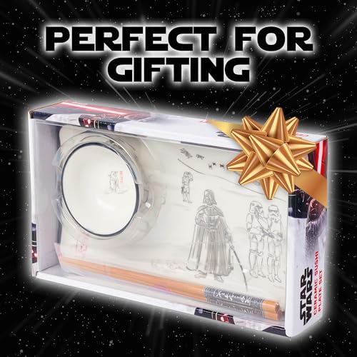 Image of Silver Buffalo Star Wars Watercolor Japanese Art Featuring Jabba the Hutt, Darth Vader, Stormtroopers Ceramic Sushi Set with Dipping Sauce Dish and Matching Chopsticks