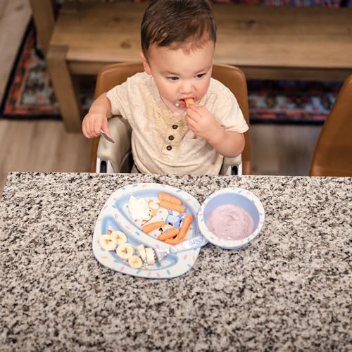 Image of The First Years Bluey 4-Piece Place Setting - BPA Free Dishwasher Safe Toddler Dinnerware Set with Divided Plate, Bowl, Fork, Spoon - Multicolor, 4 Piece Set (Pack of 12)