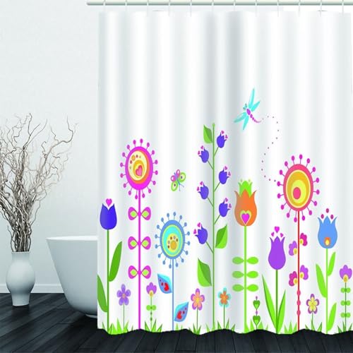 Rideau de douche textile fleurs et libellules coloré en polyester imperméable - 3