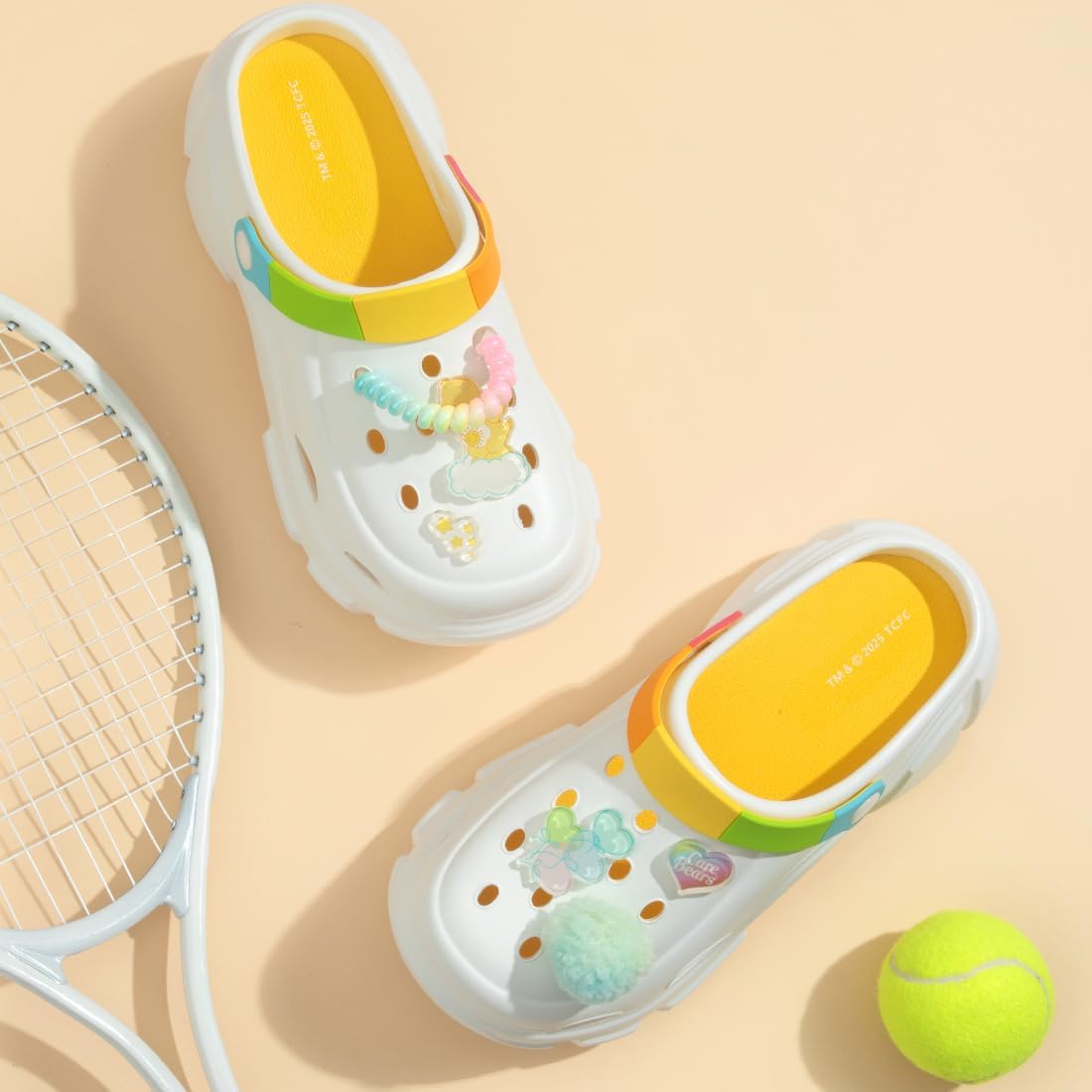 MINISO Care Bear Cute Clogs, Garden Shoes Thick Sole Cushioned, Quick Drying Sport Sandals with Removable Charms, Lightweight, Non-Slip | Mules for Beach, Pool & Garden Play | for Girls（Size of 7-8）