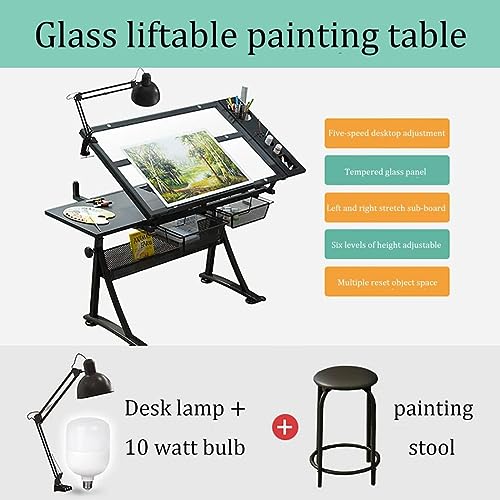 Adjustable Tempered Glass Drafting Table with Tilting Artw Desk and 2 Storage Drawers