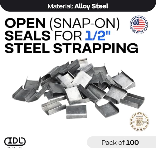 Image of IDL Packaging Open (Snap-On) Seals for 1 /2 inch Strap Width Steel Strapping (Pack of 100) - Superior Holding Power - Sturdy Metal Clips for Securing Heavy Packaging and Pallet Banding