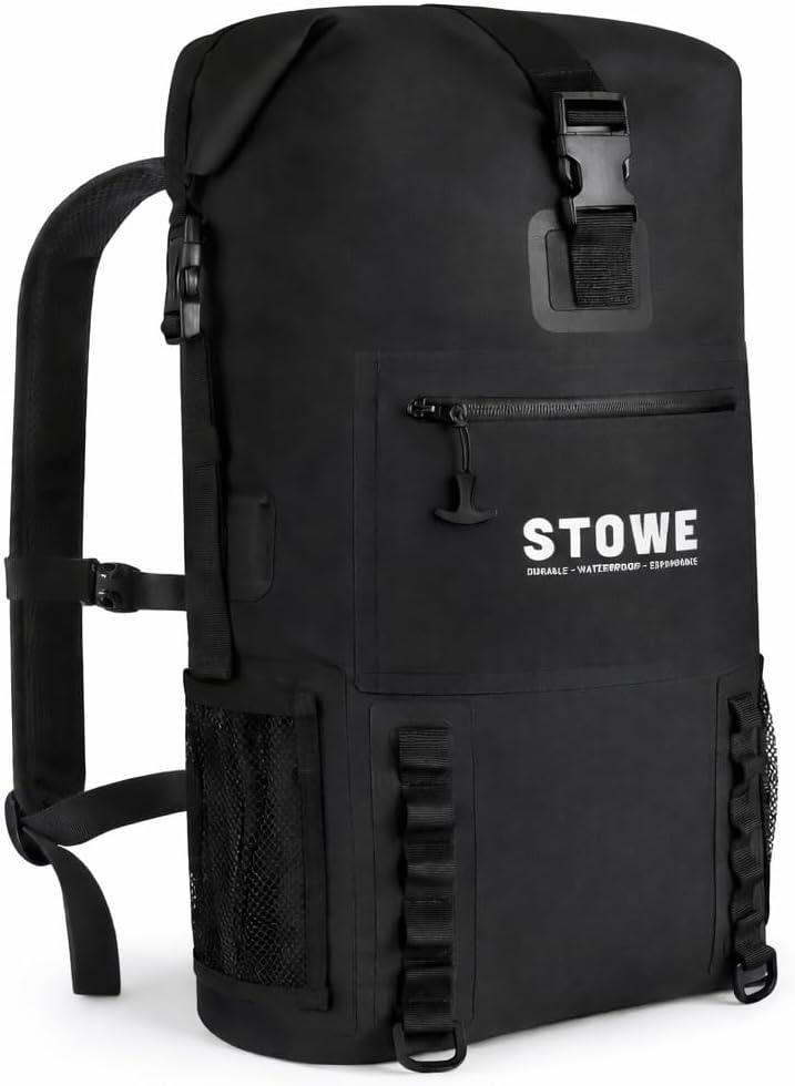 STOWE Expandable Waterproof HikingTravel Backpack, Laptop Compartment, Luggage Strap, Anti-Theft Design, Personal Item Bag (Black)
