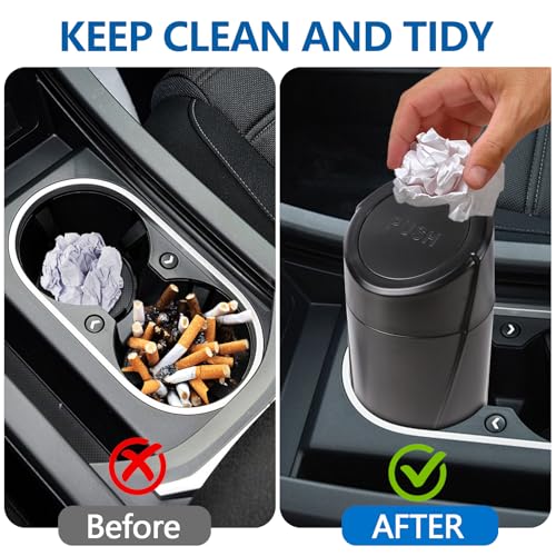 Image of Hovom Mini Car Trash Can with Lid, Portable Garbage Can for Car, Leakproof Cup Holder Automotive Garbage Bin with 2 Rolls of Trash Bags, Small Trash Storage Can for Car Home Office(Black)