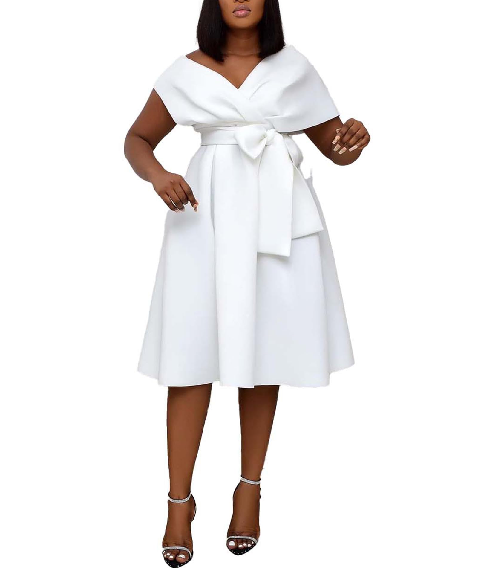 xxxiticat Robe midi en satin pour femme - Épaules dénudées - Ligne A - Pour mariage, invité, fête, cocktail, bal de fin d'année
