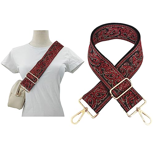 Image of 1pc Adjustable Strap Replacement 2inch Wide Paisley Jacquard Belt for Crossbody Purse Handbag Shoulder Guitar Camera Bag (Red+Black)