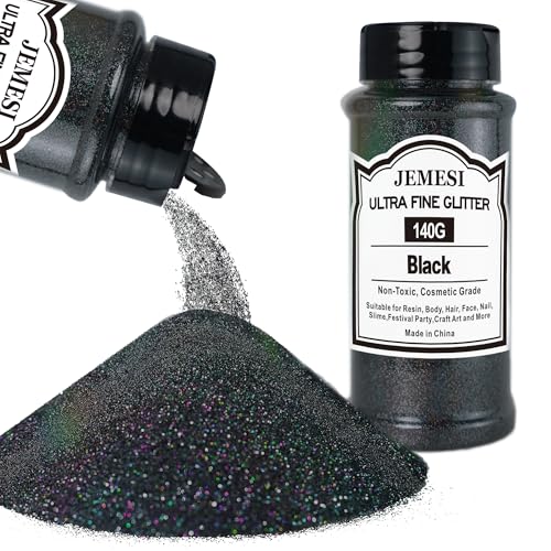 JEMESI Polvo de purpurina negra, 140 g – 0,2 mm, ultrafina, purpurina para resina epoxi, manualidades, pintura en jarra, fabricación de velas; purpurina cosmética, polvo de uñas, pelo brillante