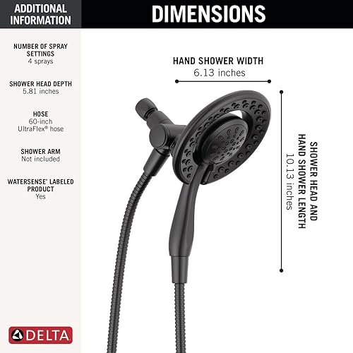 Miniatura 4 de Delta In2ition - Cabezal de ducha doble 2 en 1 de 4 ajustes con rociador de mano, cabezal de ducha desmontable negro mate con manguera, cabezal