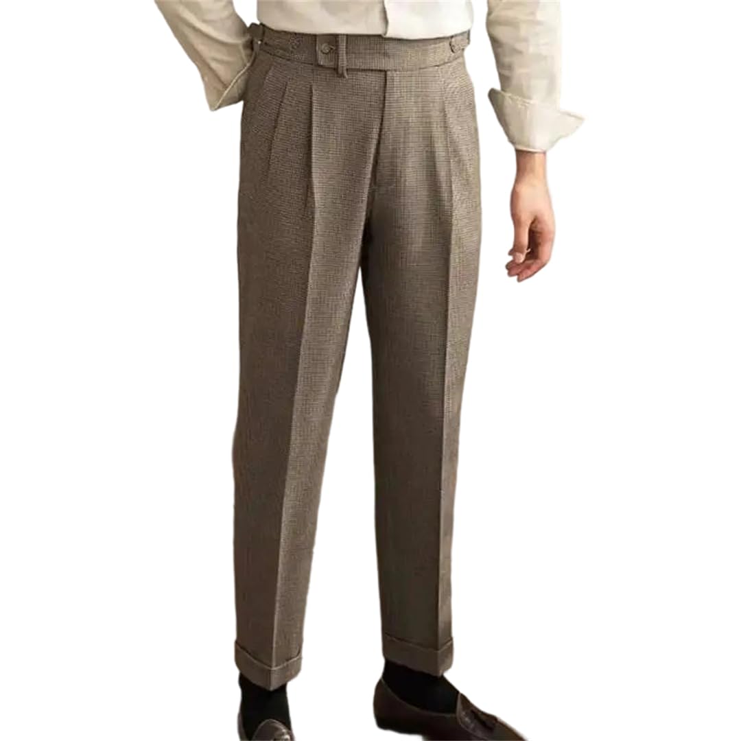 Mens High Waist Straight Leg Dress Pants Zipper Fly Pleated Front Retro Business Social Formal Wear Suit Trousers
