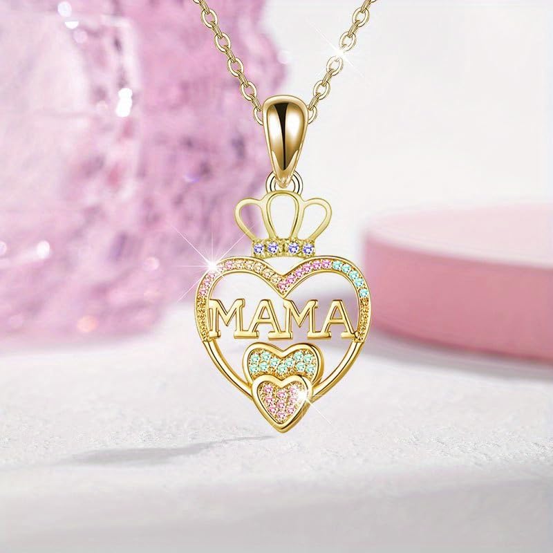 1 Pcs Mama Heart Crown Necklace Sterling Silver 18+2 Inch Adjustable Chain Sparkling Rhinestone Jewelry Trendy Birthday Gift for Mom Women Teen Girls