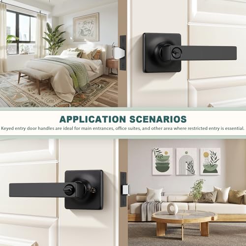 Image of GOBEKOR Keyed Alike Entry Door Handles with Lock and Keys, Matte Black Entry Door Lock Sets for Exterior & Interior Doors, Reversible Door Levers for Office & Home, 3 Pack