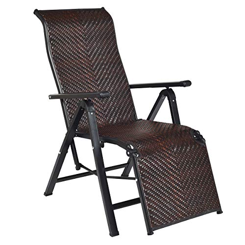 Tangkula Folding Reclining Rattan Chair, Portable Chaise Lounge Chair w/Adjustable Positions, Outdoor Lounge