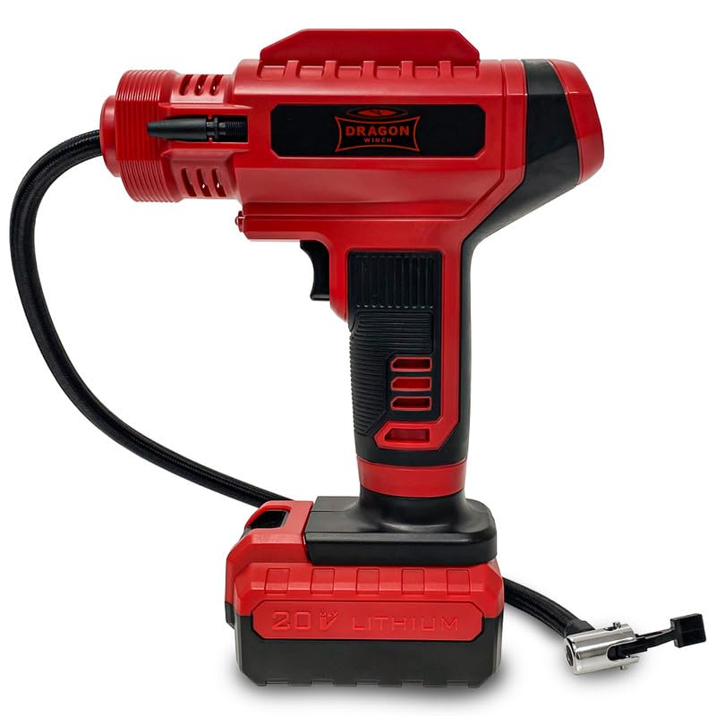 Dragon Winch Elektrische Luftpumpe 12V 150 PSI 10.3 BAR Tragbare Fahrradpumpe und Kompressor mit Akku, LED-Display, Zwei Betriebsmodi | Ideal für Auto, Fahrrad, Motorrad | inc. USB-C Kabel und 3 Düsen