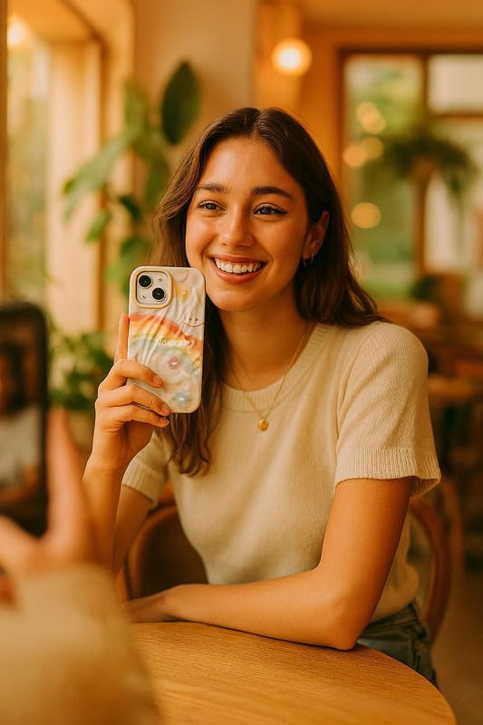 Image of COVERLY for iPhone 15 3D Rainbow Wonderful Day Smile Cloud Wrinkle Phone Case, Luxury Texture Trendy Retro Cute Happy Vibes VIBGYOR Artistic Cool Design -Aesthetic Princess Cover for Apple iPhone 15